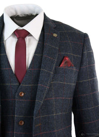 Traje de hombre Marc Darcy de 3 piezas, nuevo, con estampado de cuadros azul marino y espiga.