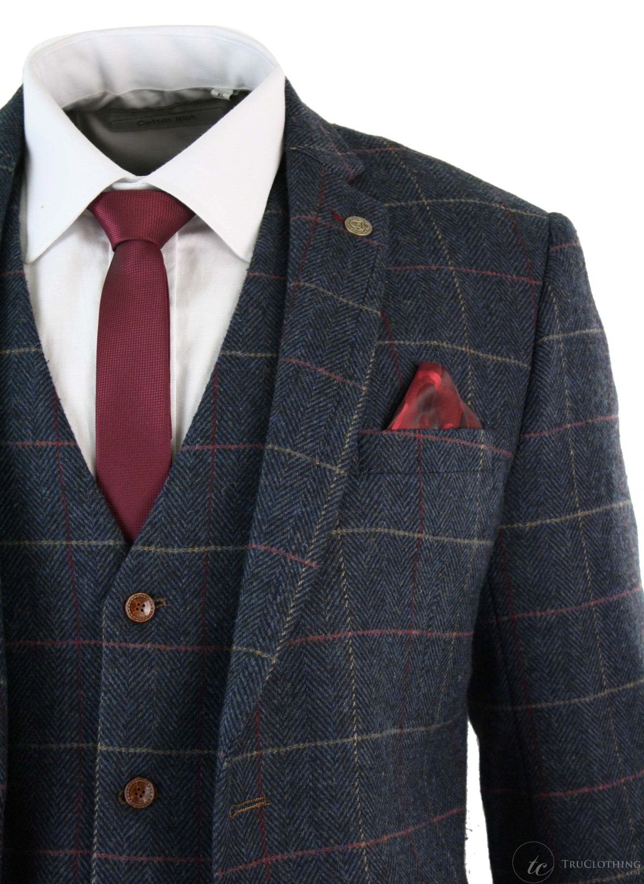 Traje de hombre Marc Darcy de 3 piezas, nuevo, con estampado de cuadros azul marino y espiga.