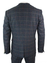 Traje de hombre Marc Darcy de 3 piezas, nuevo, con estampado de cuadros azul marino y espiga.