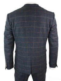 Traje de hombre Marc Darcy de 3 piezas, nuevo, con estampado de cuadros azul marino y espiga.