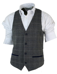 Chaleco de hombre ajustado a cuadros gris tostado marrón, elegante e informal, de tweed a cuadros azul marino-gris.