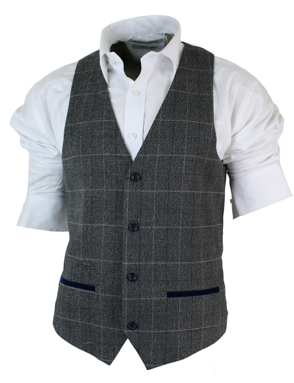 Chaleco de hombre ajustado a cuadros gris tostado marrón, elegante e informal, de tweed a cuadros azul marino-gris.