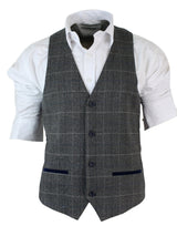 Chaleco de hombre ajustado a cuadros gris tostado marrón, elegante e informal, de tweed a cuadros azul marino-gris.