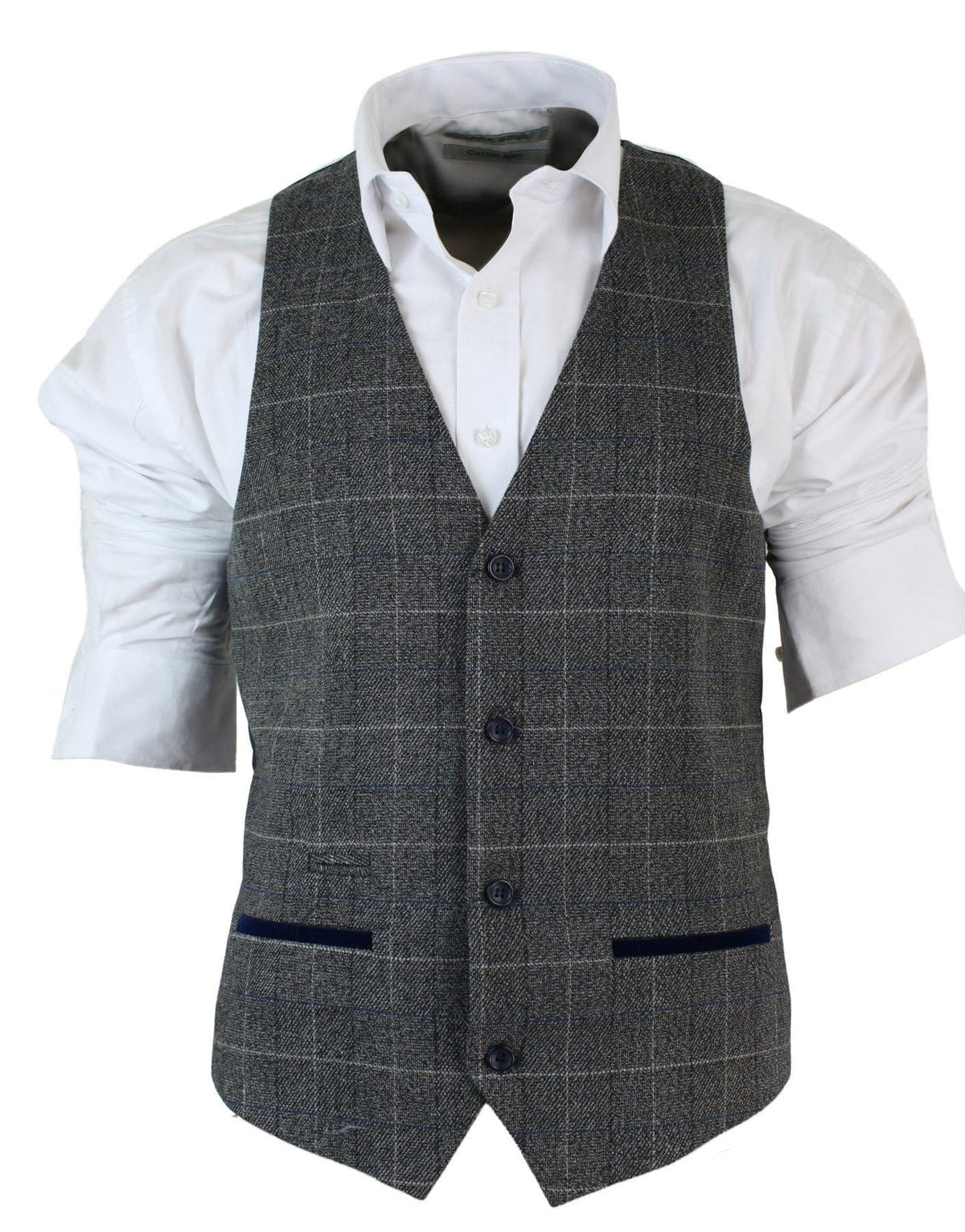 Chaleco de hombre ajustado a cuadros gris tostado marrón, elegante e informal, de tweed a cuadros azul marino-gris.