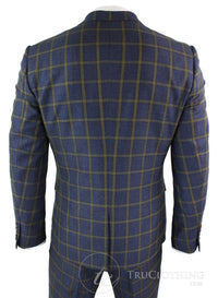 Traje de tres piezas para hombre Marc Darcy SBC Roman, azul y dorado, corte ajustado, estampado Príncipe de Gales. Ideal para bodas y graduaciones.