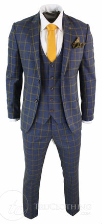 Traje de tres piezas para hombre Marc Darcy SBC Roman, azul y dorado, corte ajustado, estampado Príncipe de Gales. Ideal para bodas y graduaciones.