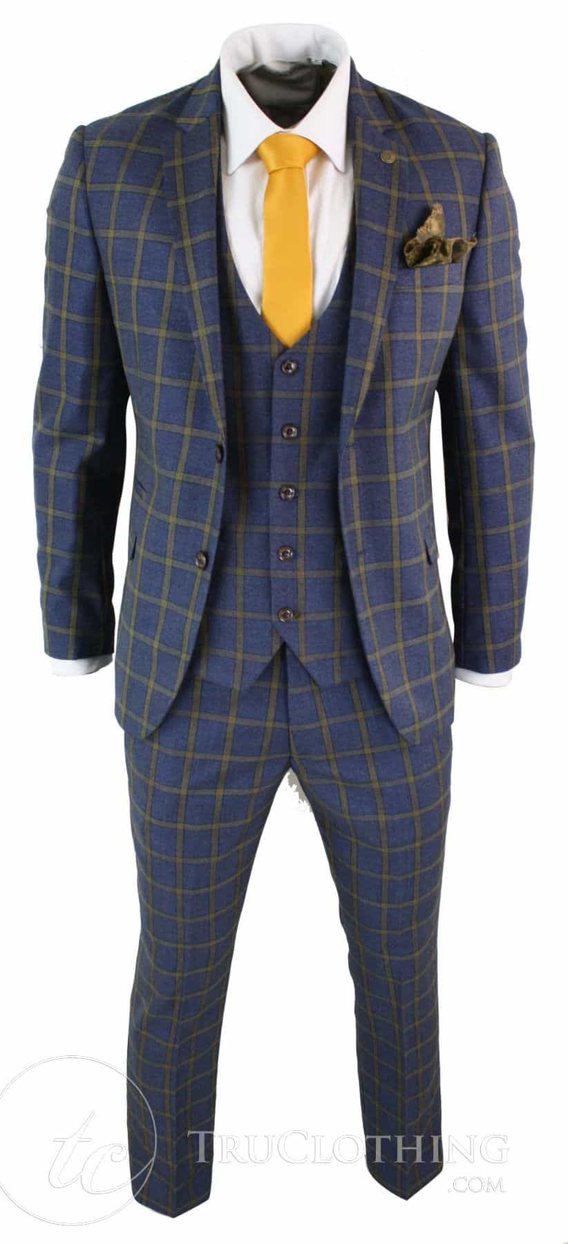 Traje de tres piezas para hombre Marc Darcy SBC Roman, azul y dorado, corte ajustado, estampado Príncipe de Gales. Ideal para bodas y graduaciones.