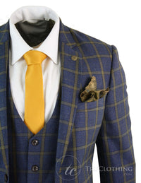 Traje de tres piezas para hombre Marc Darcy SBC Roman, azul y dorado, corte ajustado, estampado Príncipe de Gales. Ideal para bodas y graduaciones.