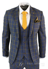 Traje de tres piezas para hombre Marc Darcy SBC Roman, azul y dorado, corte ajustado, estampado Príncipe de Gales. Ideal para bodas y graduaciones.