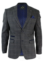 Chaqueta tipo blazer de corte vintage para hombre, de tweed gris con estampado de espiga y ribete de terciopelo azul.