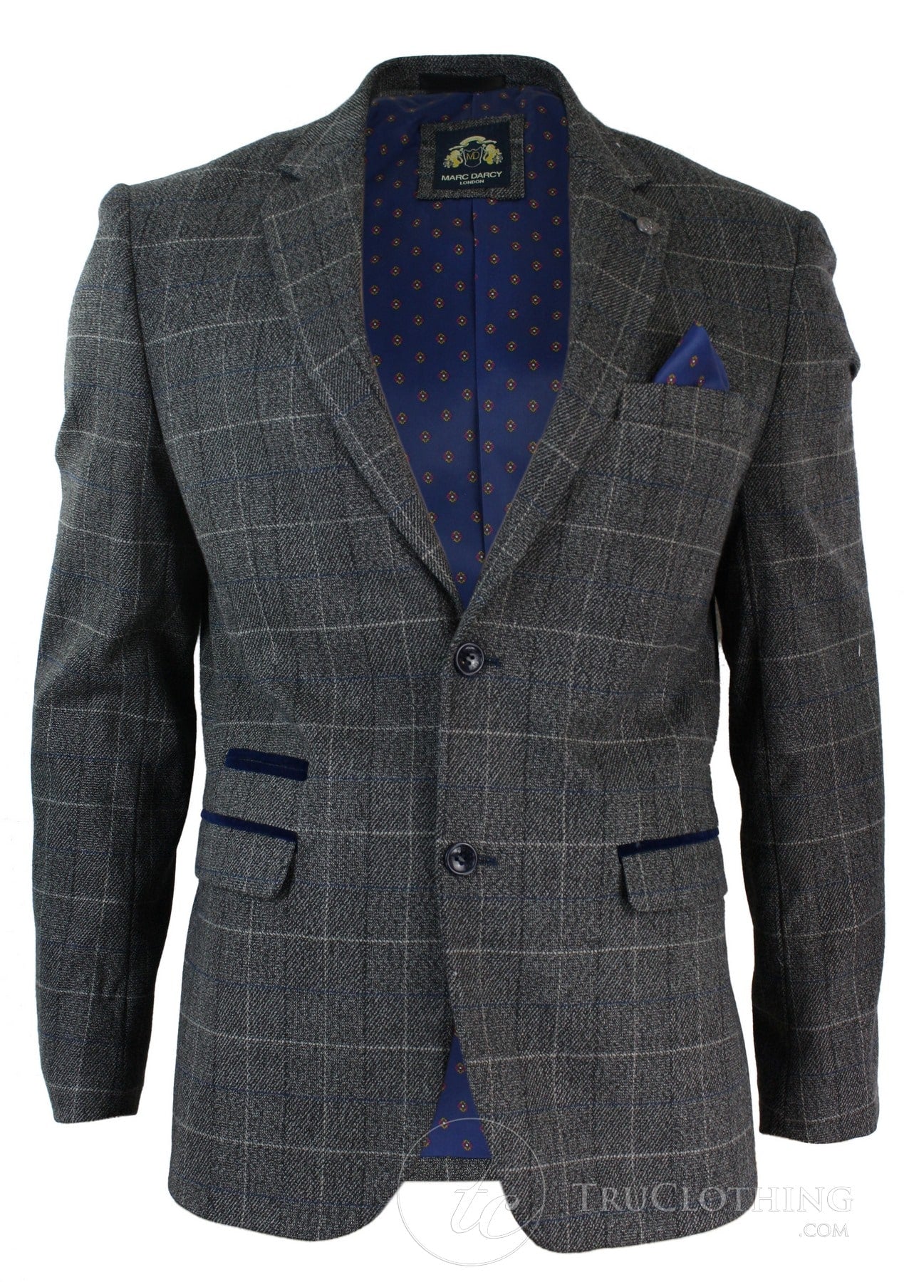 Chaqueta tipo blazer de corte vintage para hombre, de tweed gris con estampado de espiga y ribete de terciopelo azul.