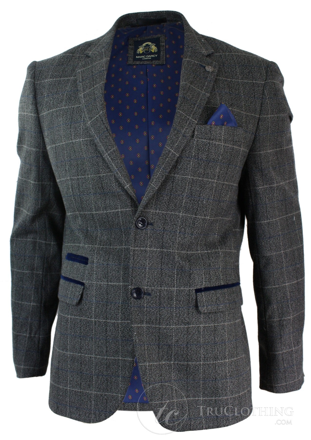Chaqueta tipo blazer de corte vintage para hombre, de tweed gris con estampado de espiga y ribete de terciopelo azul.