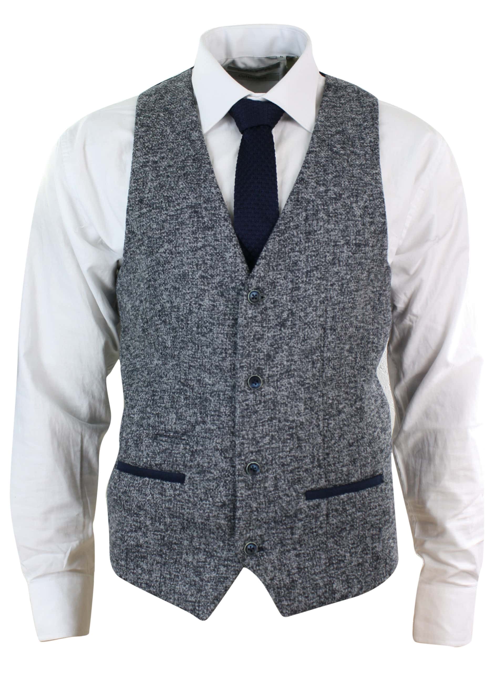 Blazer de hombre de corte ajustado, estilo casual elegante, en tweed gris azulado con estampado de espiga.