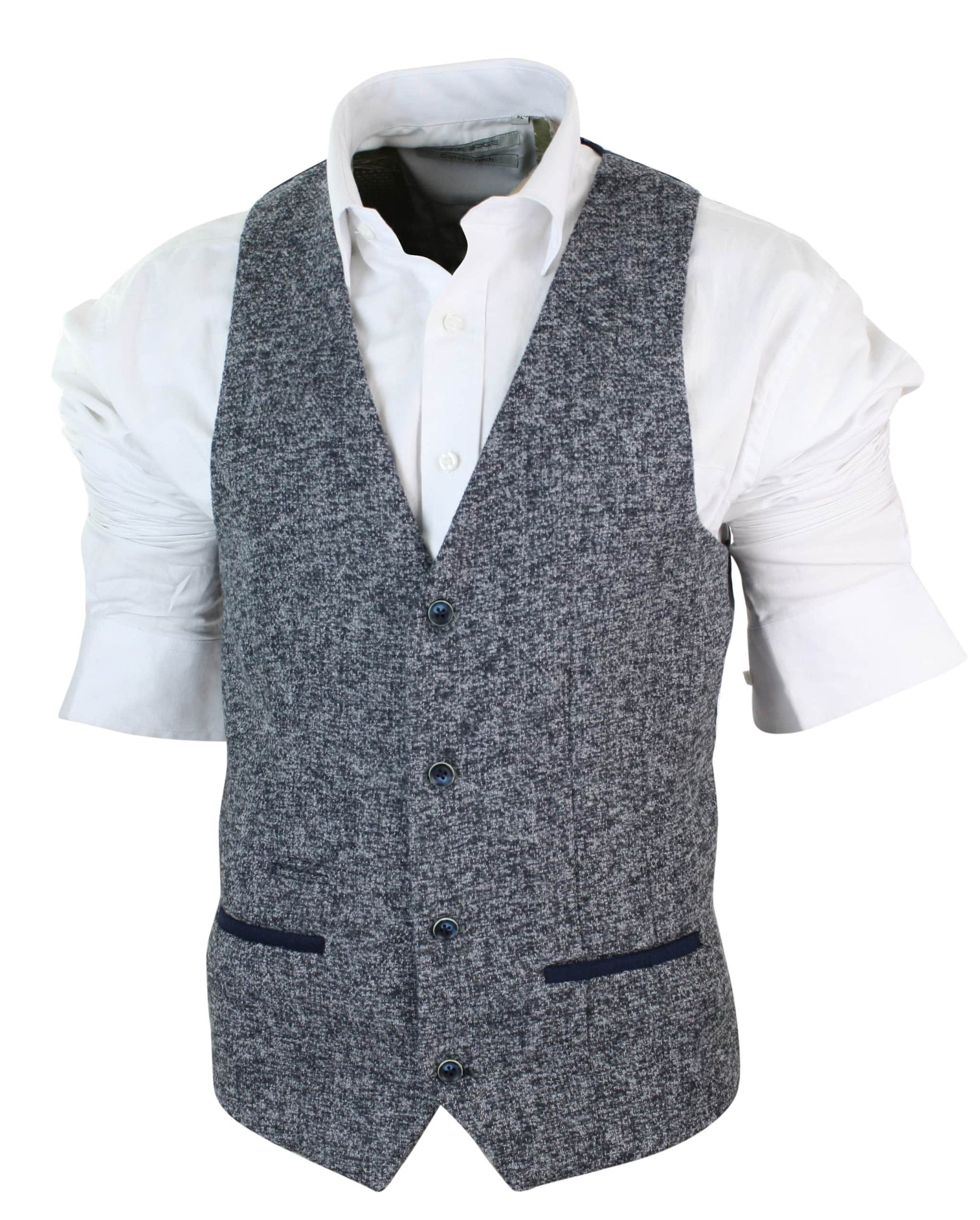 Blazer de hombre de corte ajustado, estilo casual elegante, en tweed gris azulado con estampado de espiga.