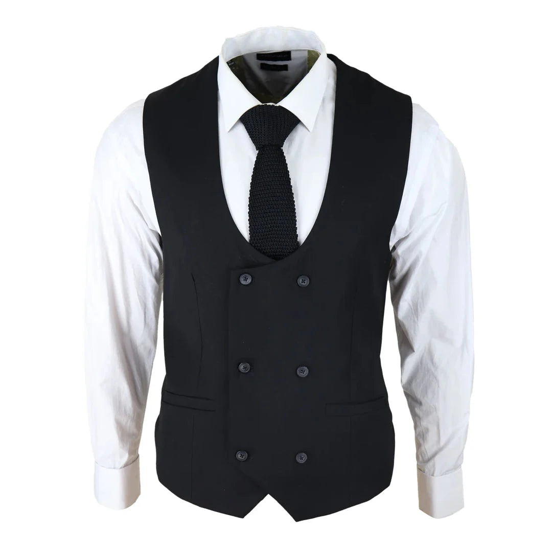 Marco - Chaleco negro de doble botonadura con escote redondo para hombre