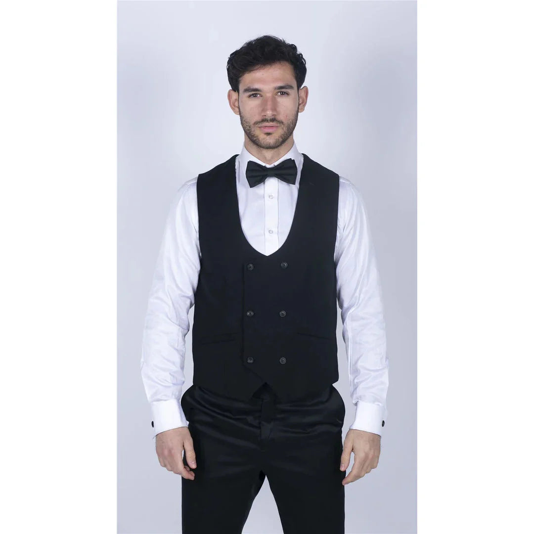 Marco - Chaleco negro de doble botonadura con escote redondo para hombre
