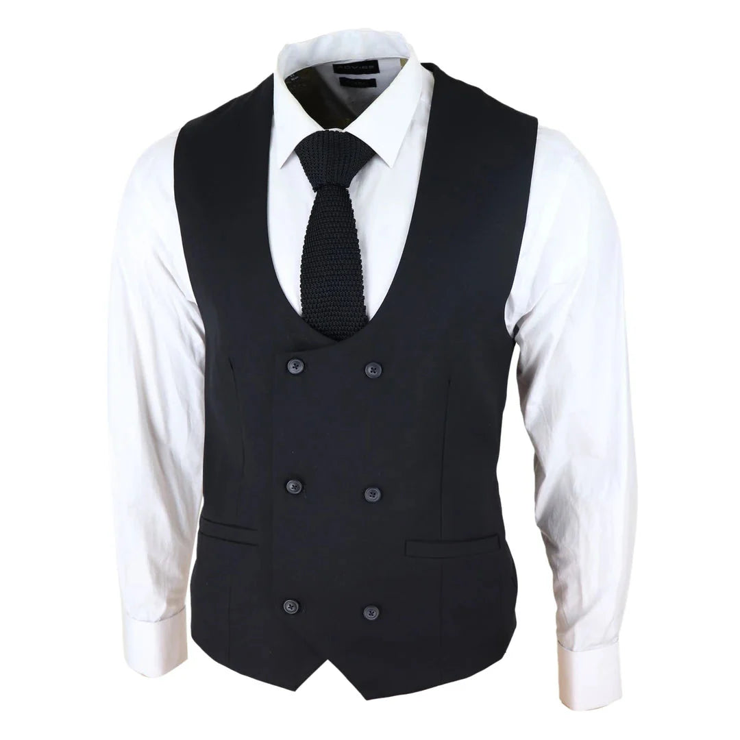 Marco - Chaleco negro de doble botonadura con escote redondo para hombre