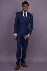 Marcos - Traje de tres piezas para hombre, a cuadros azul marino, corte ajustado