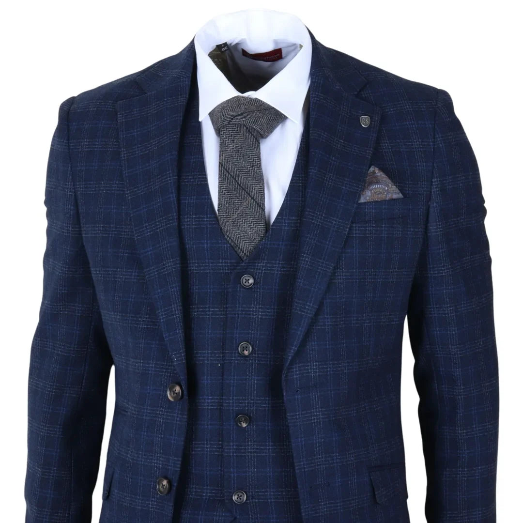 Marcos - Traje de tres piezas para hombre, a cuadros azul marino, corte ajustado