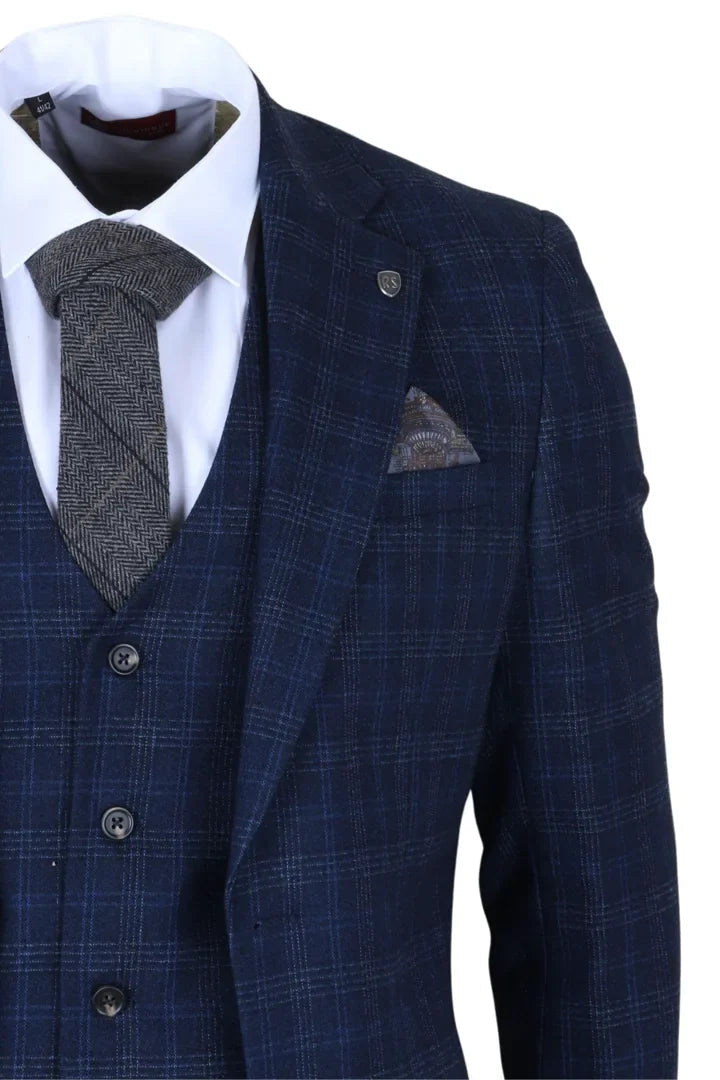 Marcos - Traje de tres piezas para hombre, a cuadros azul marino, corte ajustado