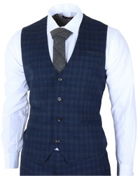 Marcos - Traje de tres piezas para hombre, a cuadros azul marino, corte ajustado