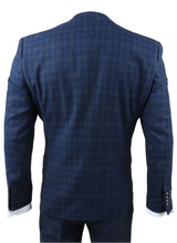 Marcos - Traje de tres piezas para hombre, a cuadros azul marino, corte ajustado