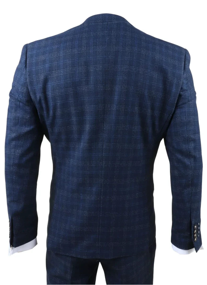 Marcos - Traje de tres piezas para hombre, a cuadros azul marino, corte ajustado