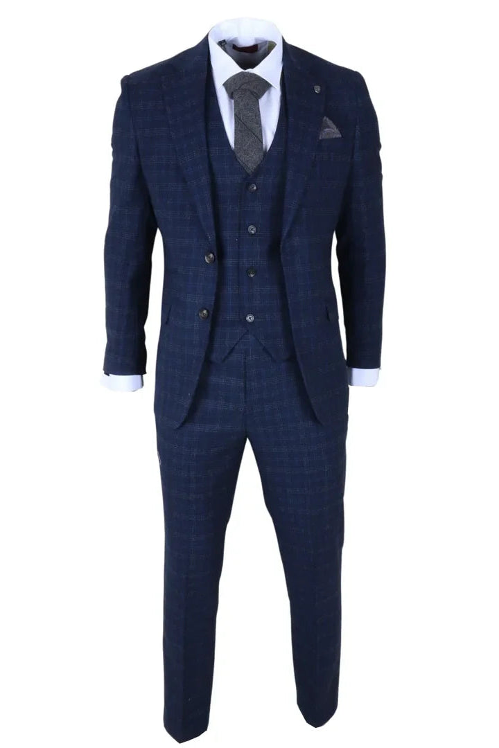 Marcos - Traje de tres piezas para hombre, a cuadros azul marino, corte ajustado