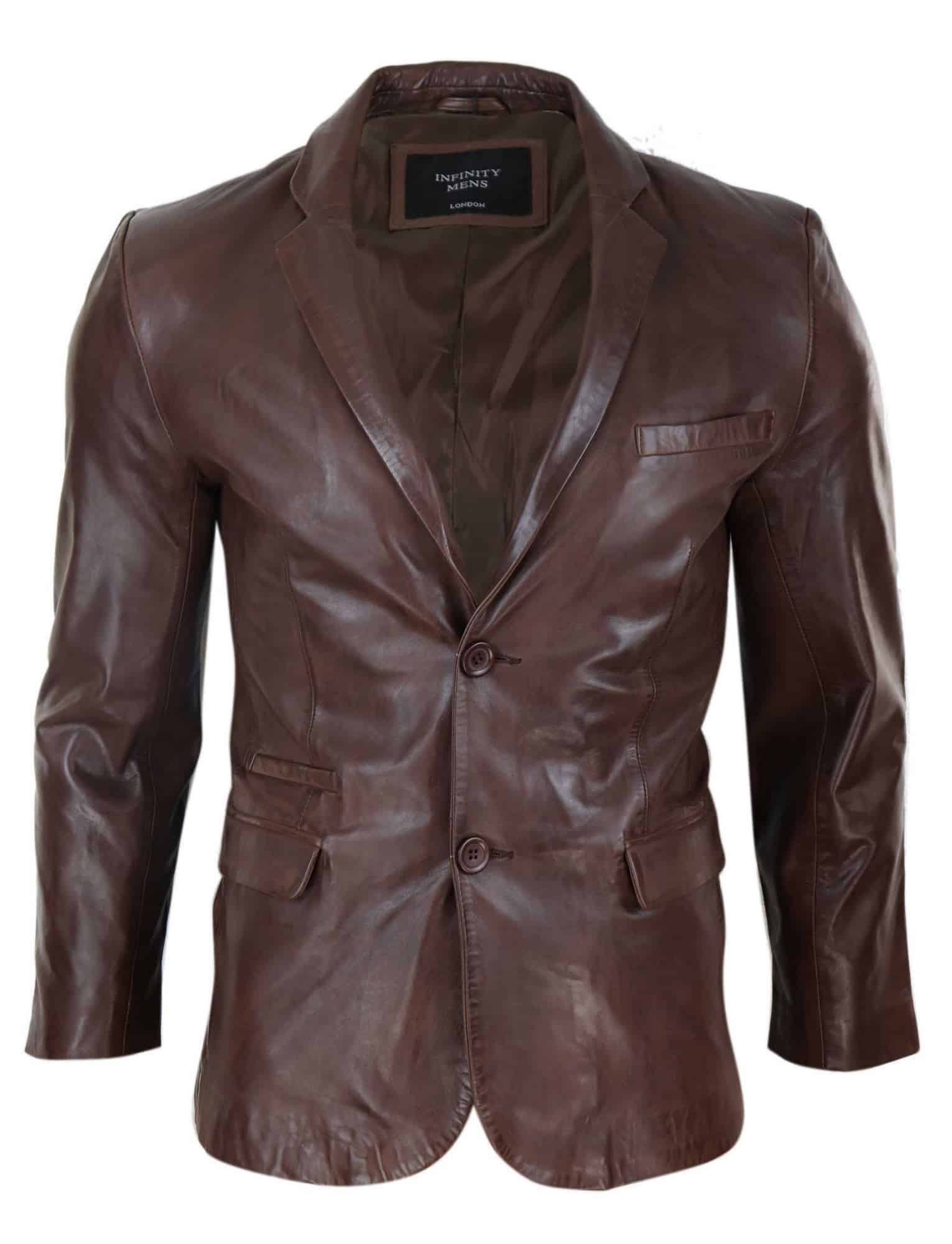 Blazer de cuero marrón de corte ajustado para hombre