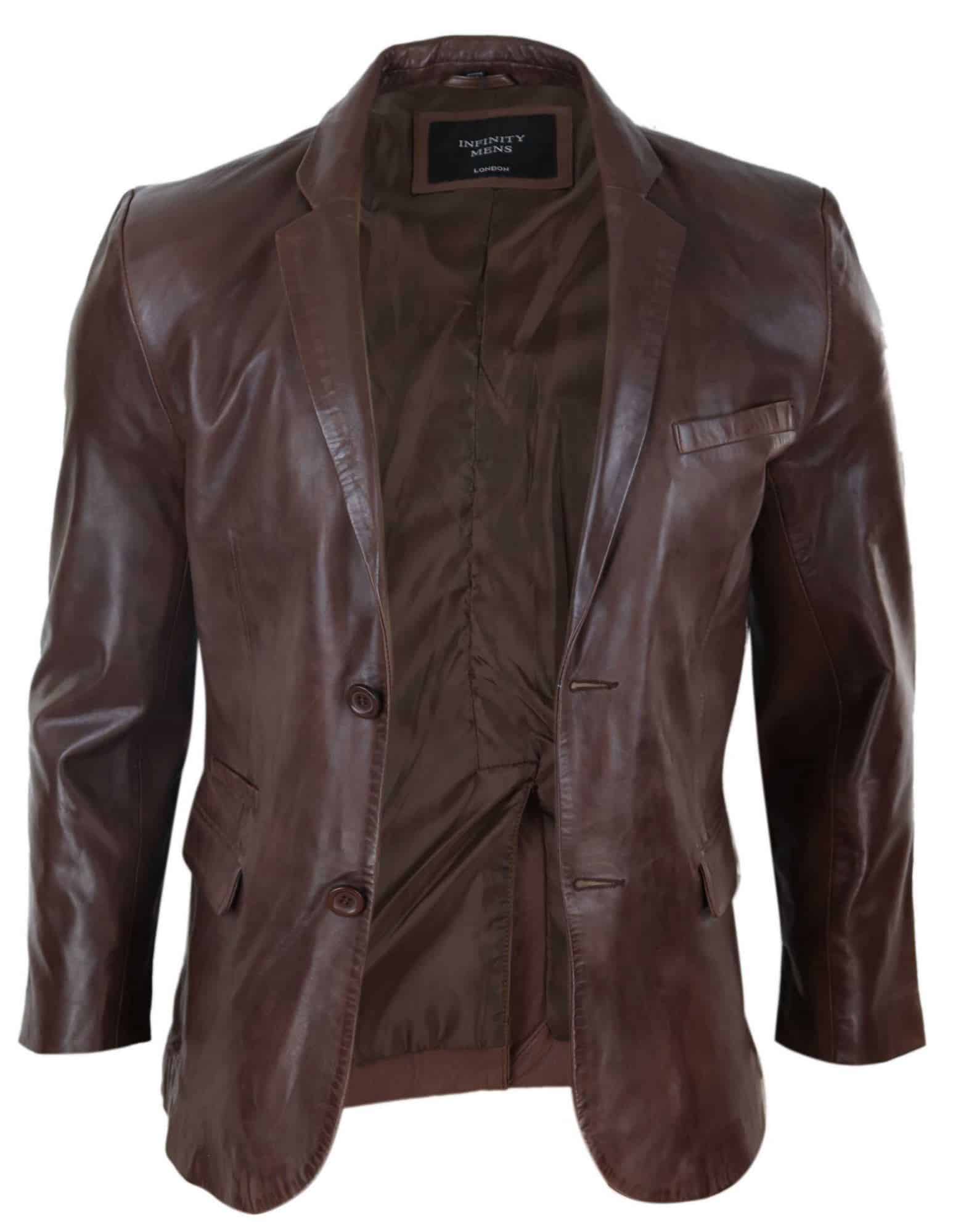 Blazer de cuero marrón de corte ajustado para hombre
