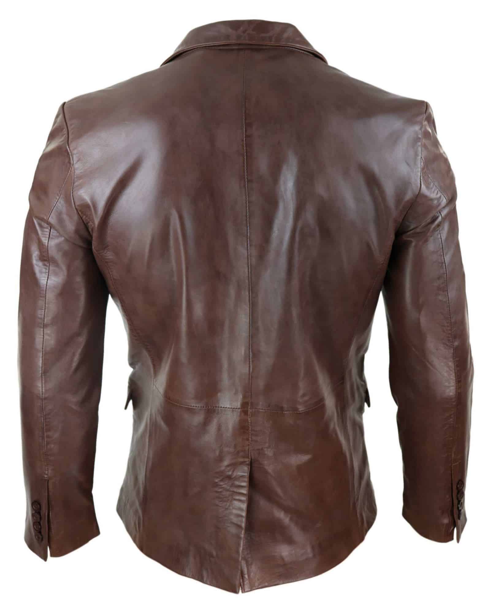 Blazer de cuero marrón de corte ajustado para hombre