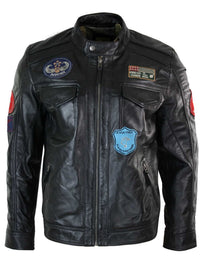 Chaqueta con cremallera negra para hombre de cuero auténtico Aviatrix, diseño de insignia de piloto estadounidense de carreras, estilo casual.