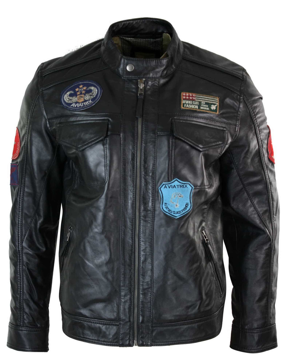 Chaqueta con cremallera negra para hombre de cuero auténtico Aviatrix, diseño de insignia de piloto estadounidense de carreras, estilo casual.