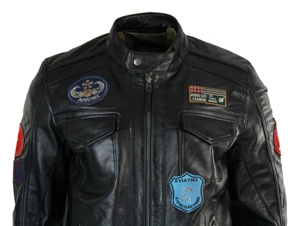 Chaqueta con cremallera negra para hombre de cuero auténtico Aviatrix, diseño de insignia de piloto estadounidense de carreras, estilo casual.