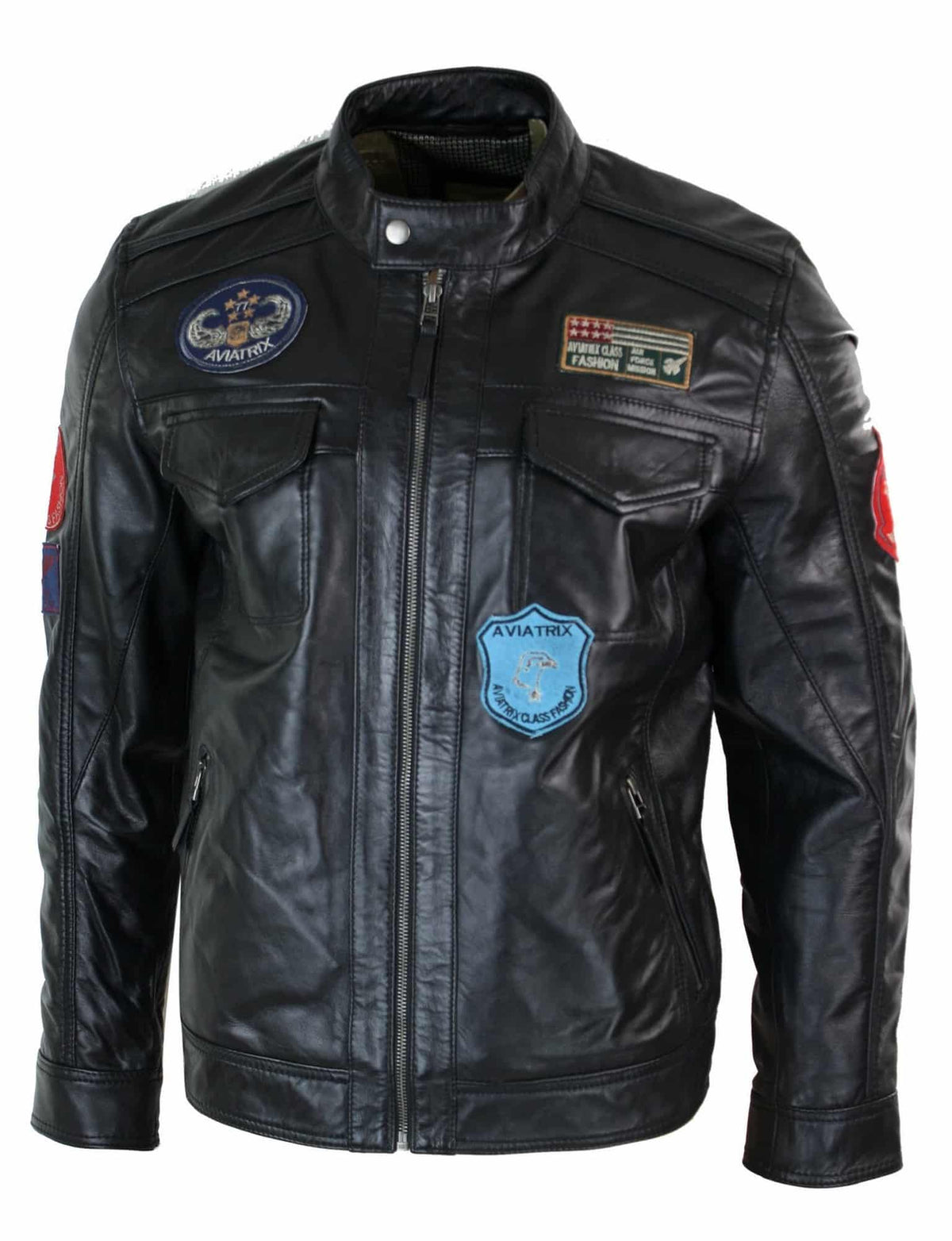 Chaqueta con cremallera negra para hombre de cuero auténtico Aviatrix, diseño de insignia de piloto estadounidense de carreras, estilo casual.