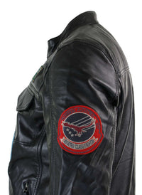Chaqueta con cremallera negra para hombre de cuero auténtico Aviatrix, diseño de insignia de piloto estadounidense de carreras, estilo casual.