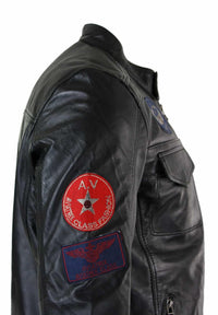 Chaqueta con cremallera negra para hombre de cuero auténtico Aviatrix, diseño de insignia de piloto estadounidense de carreras, estilo casual.