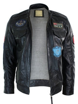 Chaqueta con cremallera negra para hombre de cuero auténtico Aviatrix, diseño de insignia de piloto estadounidense de carreras, estilo casual.