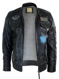 Chaqueta con cremallera negra para hombre de cuero auténtico Aviatrix, diseño de insignia de piloto estadounidense de carreras, estilo casual.