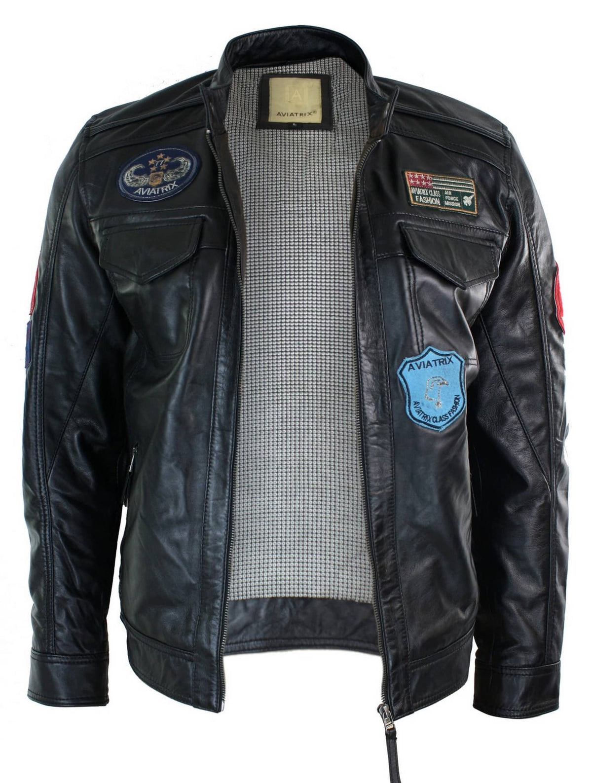 Chaqueta con cremallera negra para hombre de cuero auténtico Aviatrix, diseño de insignia de piloto estadounidense de carreras, estilo casual.