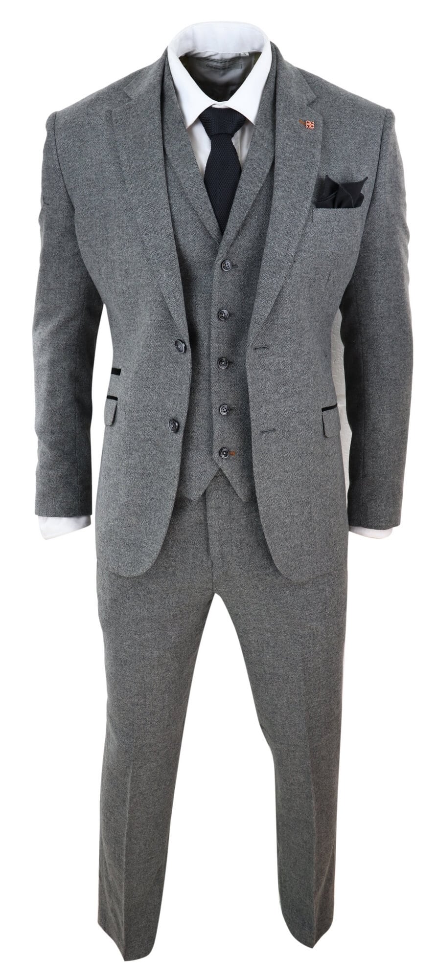 Traje de tres piezas para hombre de tweed gris oscuro con estampado de espiga.