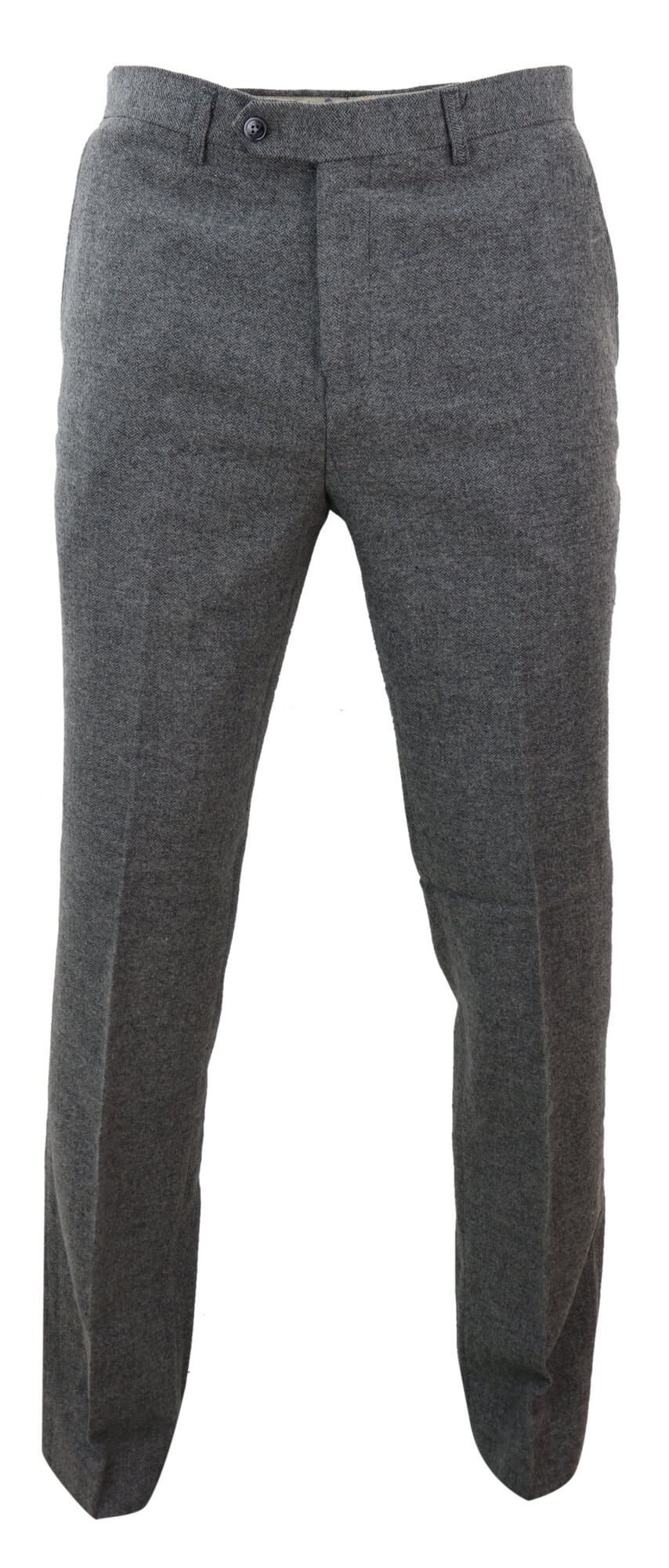 Pantalones de hombre de tweed gris oscuro con estampado de espiga.