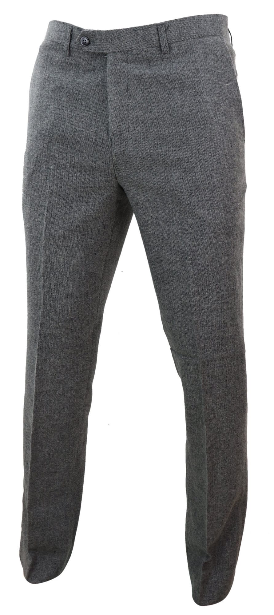 Pantalones de hombre de tweed gris oscuro con estampado de espiga.