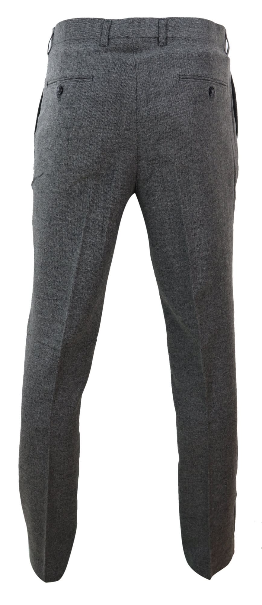 Pantalones de hombre de tweed gris oscuro con estampado de espiga.