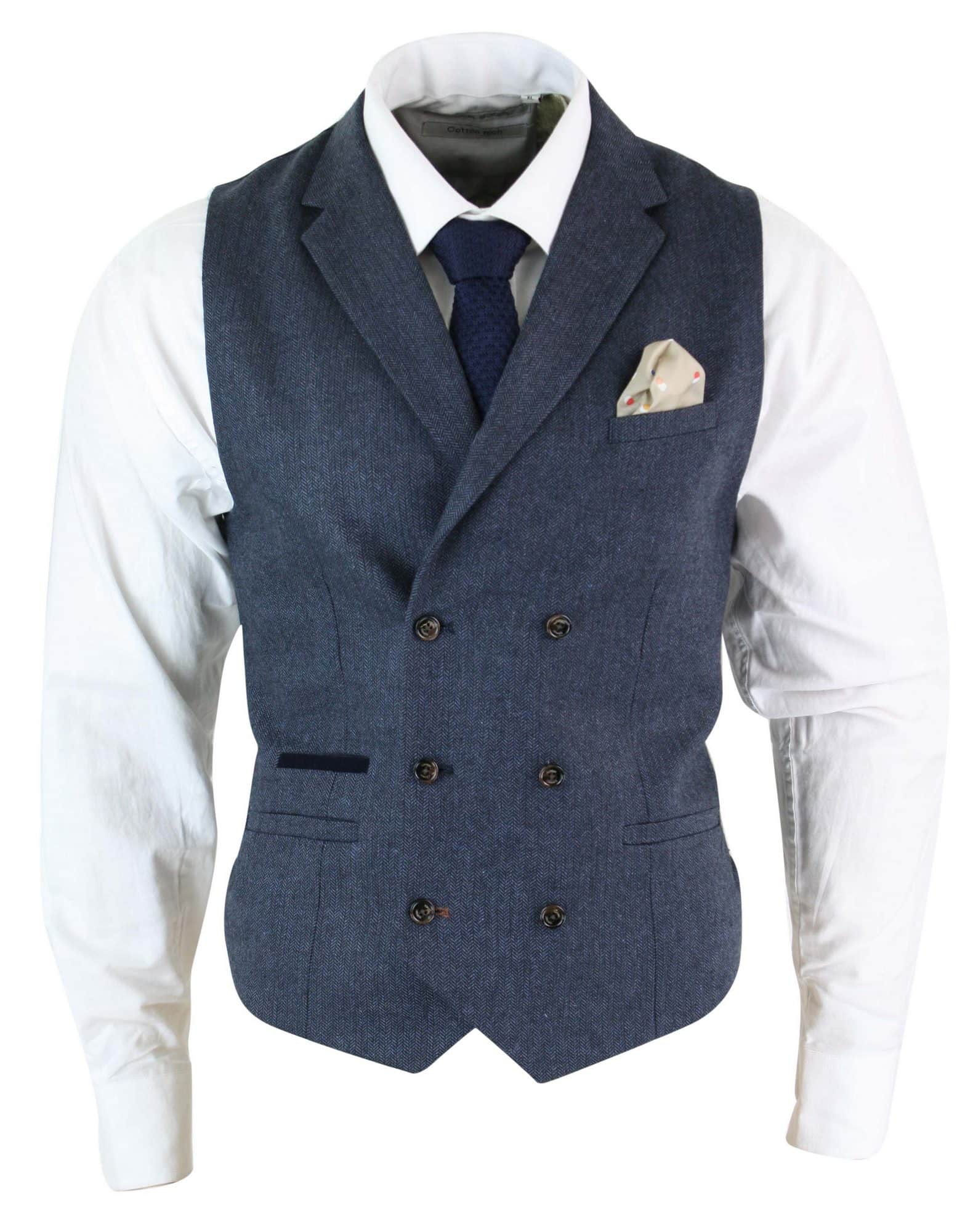Cavani Martez - Chaleco cruzado clásico de tweed con estampado de espiga para hombre, estilo Gatsby Peaky Blinders - Azul