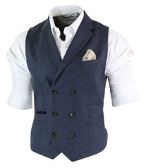 Cavani Martez - Chaleco cruzado clásico de tweed con estampado de espiga para hombre, estilo Gatsby Peaky Blinders - Azul