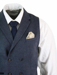 Cavani Martez - Chaleco cruzado clásico de tweed con estampado de espiga para hombre, estilo Gatsby Peaky Blinders - Azul