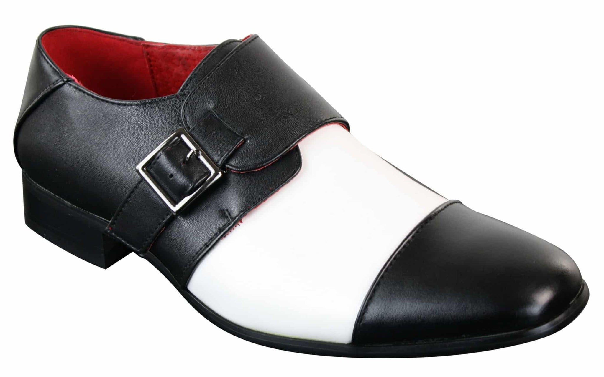 Zapatos formales elegantes de cuero negro y blanco para hombre con hebilla y sin cordones, diseño italiano.