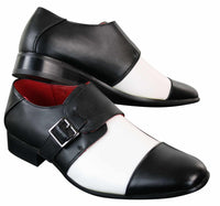Zapatos formales elegantes de cuero negro y blanco para hombre con hebilla y sin cordones, diseño italiano.