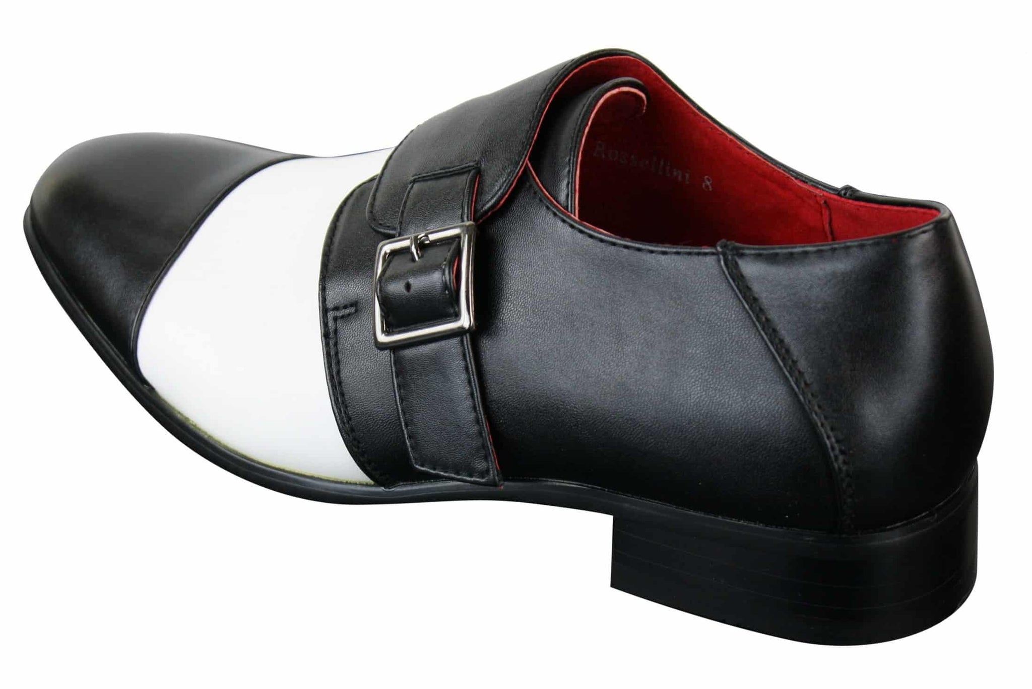 Zapatos formales elegantes de cuero negro y blanco para hombre con hebilla y sin cordones, diseño italiano.